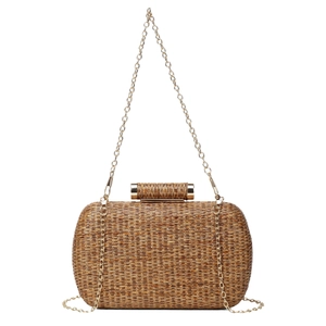 Brown woven hard shell evening clutch bag with gold cylinder clasp and chain strap