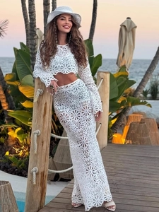 Elegant Floral Lace Hollow Out Crochet Long Sleeve Crop Top And High Waist Maxi Skirt Vacation Beachwear Women
