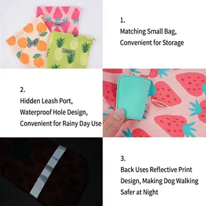 Waterproof dog raincoat with fruit prints featuring reflective strips and a leash hole