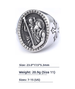 Detailed view of silver St. Christopher ring with side cross engraving and size dimensions