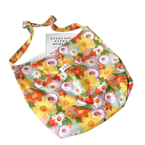 Floral oil painting style canvas tote bag with large capacity for women and students