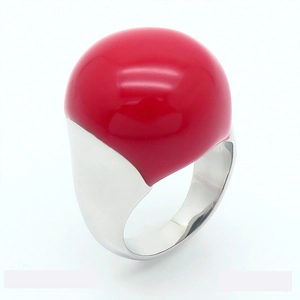Minimalist ring featuring bold red enamel dome on a polished silver titanium steel band