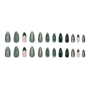 Green cat eye press-on nails with 3D ripples and French almond tips, set of 24 pieces
