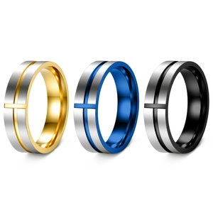 Stainless Steel Cross Etched Ring Two-Tone Brushed Finish Fashion Band For Men Unisex Modern Minimalist Jewelry