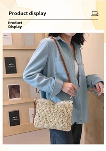 Detail of hollow woven straw crossbody bag with brown leather strap for summer vacation