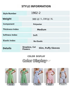 Detailansicht der fünf Blumenmuster und Polyester-Stoffdetails des Kleides mit Puffärmeln