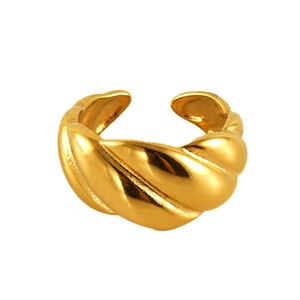 Polished 18k gold croissant style stainless steel open ring with twisted design