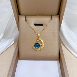 Pendant Necklace Stainless Steel Chain Copper Moon Star Rhinestone Blue Starry Gemstone Elegant Jewelry For Women