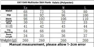 Detailed size chart for polyester skorts with waist, hip and length measurements