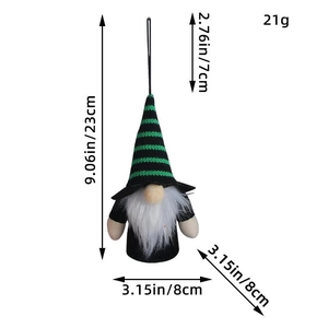 Hanging Halloween gnome plush in green and black striped hat with size measurements