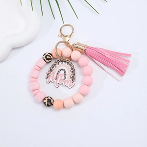 Pink and leopard silicone bead wristlet keychain with Mom rainbow charm and tassel