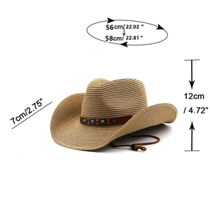 Detailed size chart of cowboy hat with 7cm brim, 12cm height, and turquoise beads