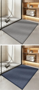 Detail of gray and blue kitchen floor mats with anti-slip woven texture for home safety