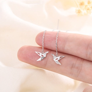 Origami Paper Crane Threader Earrings Copper Silver Plated Cubic Zirconia Long Tassel Chain Elegant Women Jewelry