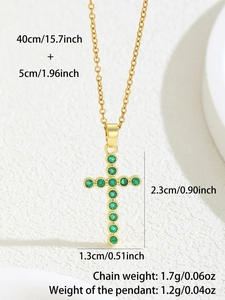 Detailed size specifications for the gold cross necklace with a green zircon stone inlay