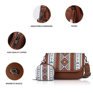Bohemian canvas shoulder bag set with geometric patterns and fringe tassel detail