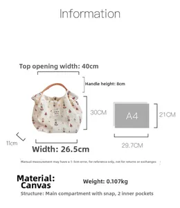 Detailed size chart for floral canvas tote bag showing dimensions and structure specs