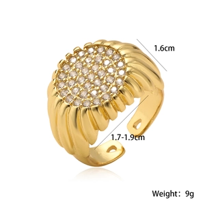 Detailed view of 18K gold plated ring with zircon setting and 1.6cm top width dimension