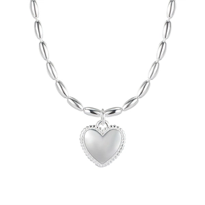 Minimalist 925 sterling silver heart necklace with beaded edge on polished link chain
