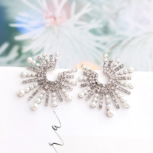 Silver sunflower earrings with sparkling rhinestones and white pearls on a display card