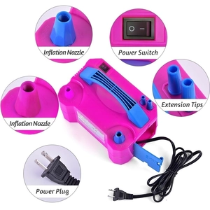 Portable pink electric balloon pump with dual nozzles and extension tips for party use