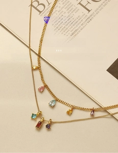 Detailed view of layered 18K gold plated brass necklace with multi-color zircon drops