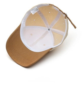 Detail view of cotton baseball cap interior with 100% cotton tag and reinforced seams