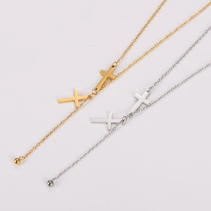 304 Stainless Steel Cross Lariat Necklace Y-Shape Double Cross Tassel Drop Minimalist Adjustable Jewelry For Women