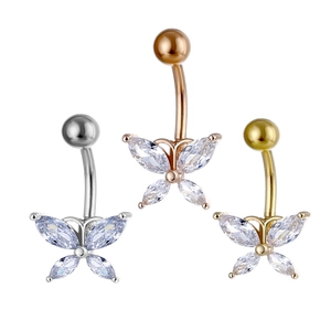 Three butterfly belly rings in silver, gold, and rose gold with sparkling zircon crystals