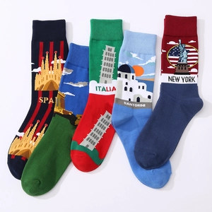 Men's cotton crew socks featuring global landmark embroidery in various vibrant colors