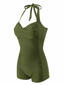 Detail of ruched tummy control swimsuit in olive green with a halter neck design