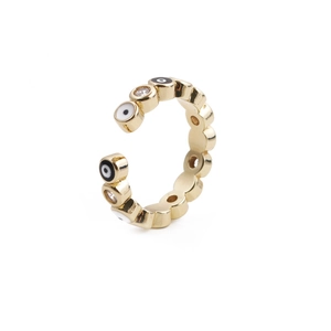 Gold adjustable ring with Turkish blue evil eye patterns and sparkling cubic zirconia crystals