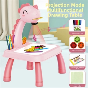 Pink dinosaur projection drawing table set with 12 pens, 3 discs, and accessories