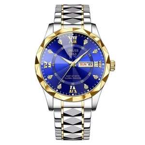 Detail of ORUSS men's quartz watch with dual calendar display and blue sunray dial