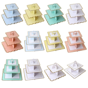 Tiered Cake Stand Square Cardboard Dessert Display Holder With Gold Foil Scalloped Edge For Birthday Party Wedding