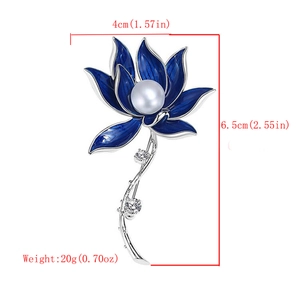 Detailed size chart for blue lotus flower brooch with pearls and enamel finish