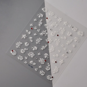 Adesivi per unghie 5D a rilievo con rose bianche e strass rossi e argento modello Co-129