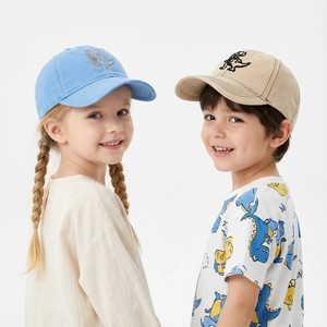 Kids dinosaur embroidered cotton baseball caps in light blue and beige colors