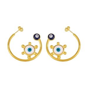 18K gold plated stainless steel C-shape earrings with blue enamel evil eye sun motif