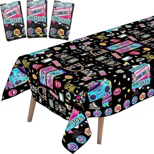 Retro 90s disco theme disposable tablecloth with neon radio and cassette tape patterns