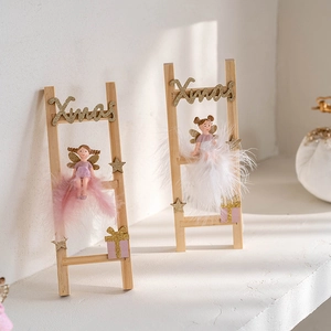 Pink and white wooden ladder angel dolls with feather skirts for Christmas table decoration