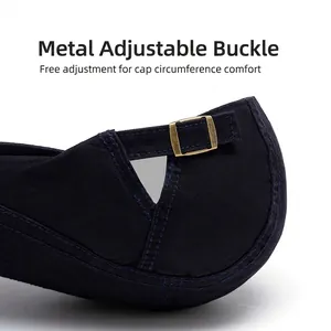 Dark blue duckbill cap with adjustable bronze metal buckle and premium cotton twill texture