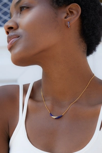 Lapis lazuli smile pendant necklace and matching hoop earrings set in 18k gold