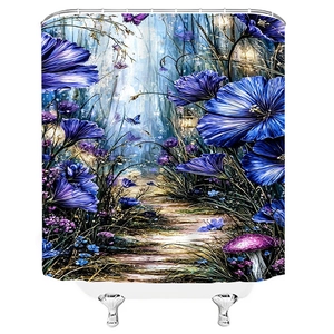Detail of waterproof forest bath curtain with blue flowers, purple mushrooms and path
