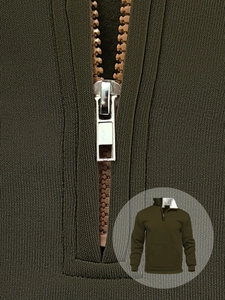 Detailed macro shot of army green waffle knit texture and half-zipper collar on men's hoodie