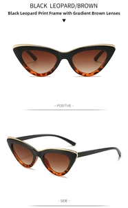 Detail view of cat eye sunglasses with leopard print frame and gradient brown lenses