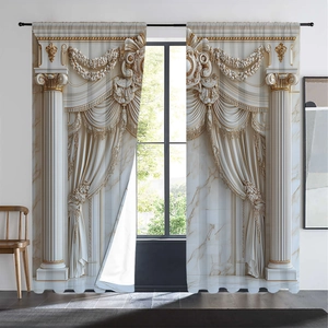 Detail of 3D printed curtains with gold Roman pillars and classic drapery pattern