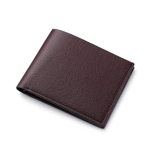 Classic men's short bifold wallet in dark brown litchi pattern leather on white background