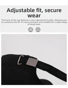 Detail view of the adjustable metal buckle on back of a black flat top cadet cap