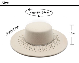 Size specifications for felt flat brim boater hat with rhinestone tassel detail